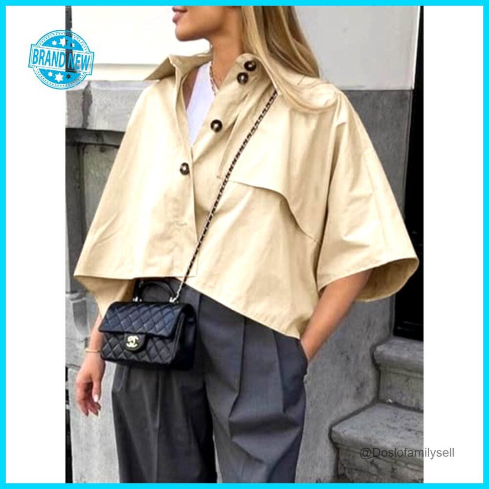 Oversized Cropped Trench Coat Single Breasted 3/4 Cape Sleeve Chic Outerwear - Picture 5 of 7